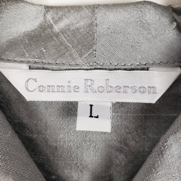 Connie Roberson Button Up Top Silver Dupioni Silk Long Sleeve Blouse Size Large - Picture 6 of 8